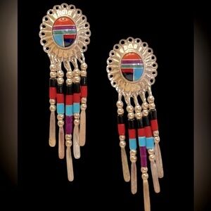 Vintage Signed Zuni Inlay Multi-Gemstone Turquoise Sterling Silver Earrings